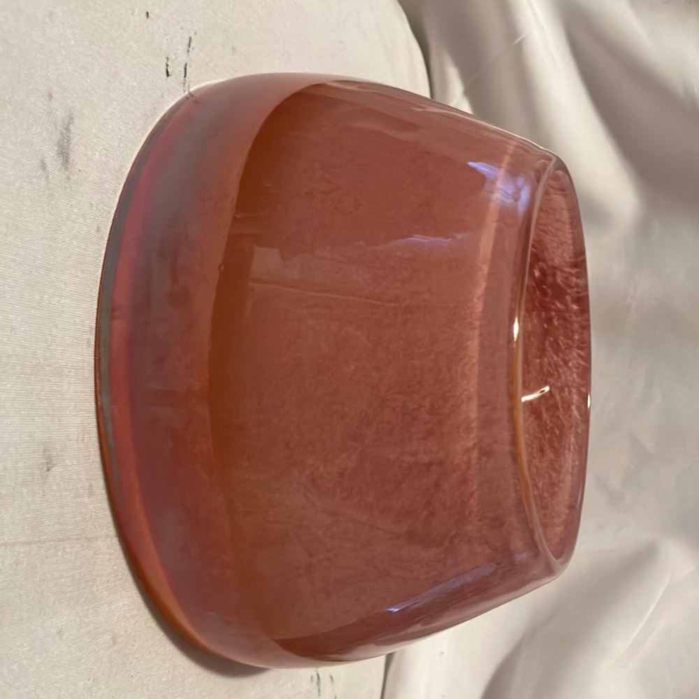 Hand crafted n painted. Irredescent pinks , gold , lite purple glass vase  in